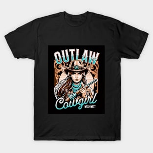 Outlaw Cowgirl (wild west hat and gun woman) T-Shirt